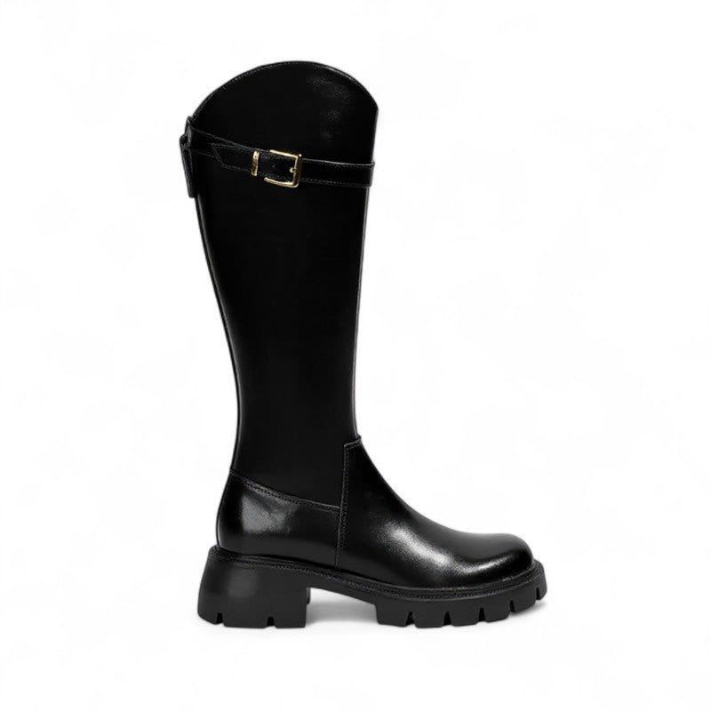 Botas Altas Mujer de Piel Tacón Grueso Hebilla Dorada