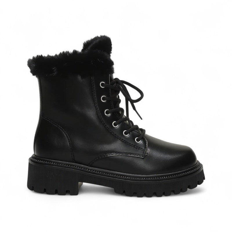 Botines con Cordones Mujer con Cuello de Pelo y Suela Gruesa