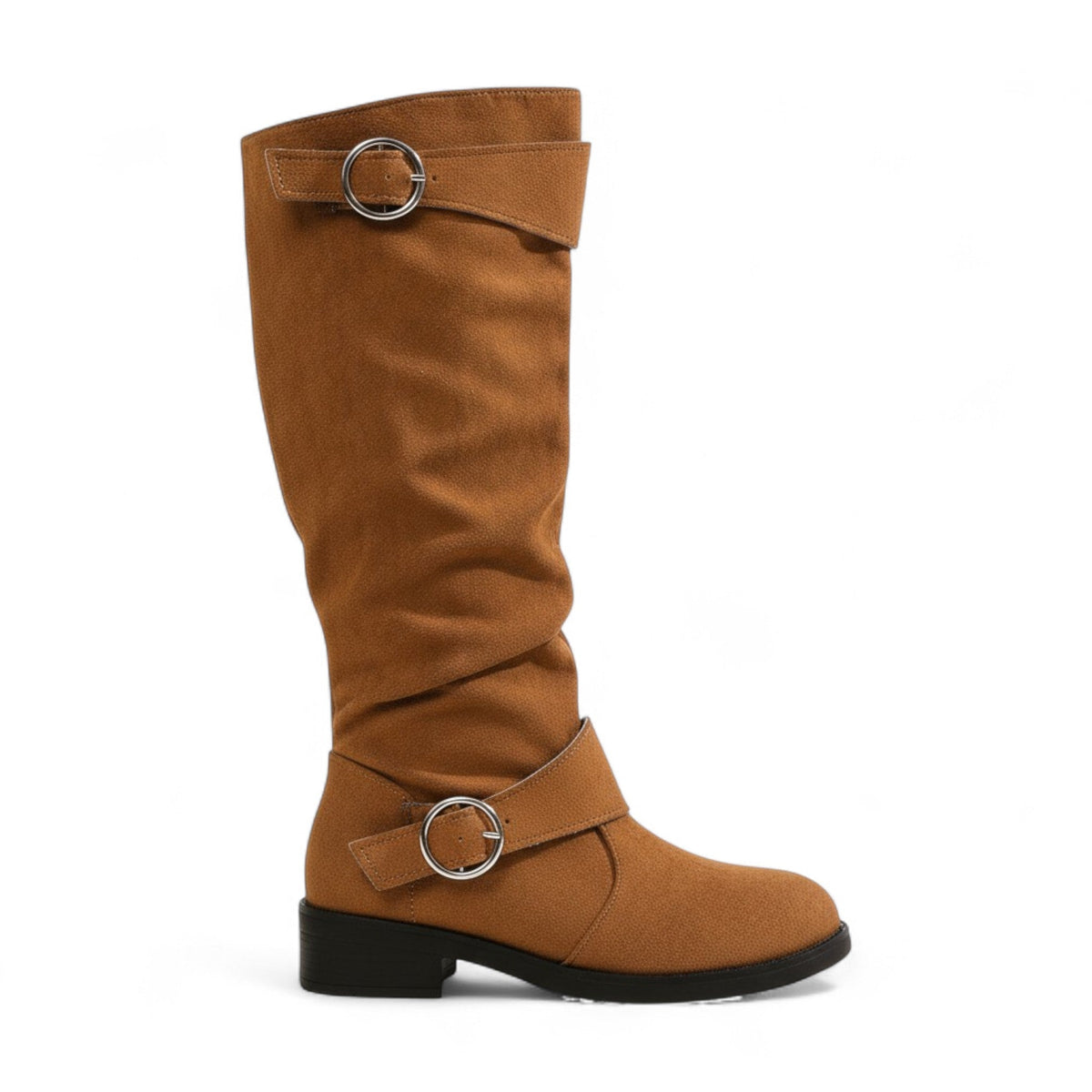 Botas Altas Mujer de Ante Plisado Tacón Bajo con Hebilla