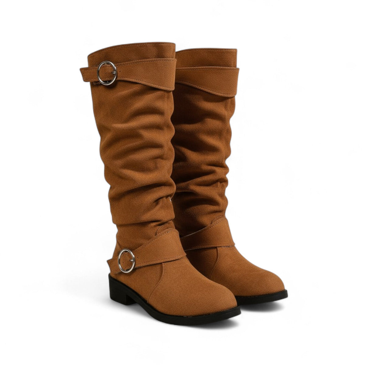 Botas Altas Mujer de Ante Plisado Tacón Bajo con Hebilla