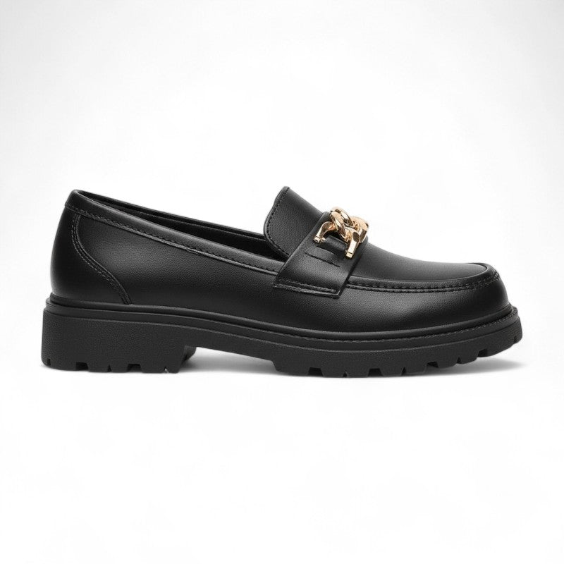 Mocasines con Cadena Mujer Dorada, Suela Gruesa y Diseño Sobrio