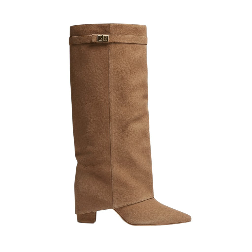 Botas Altas Mujer Planas de Ante Sintético con Dobladillo