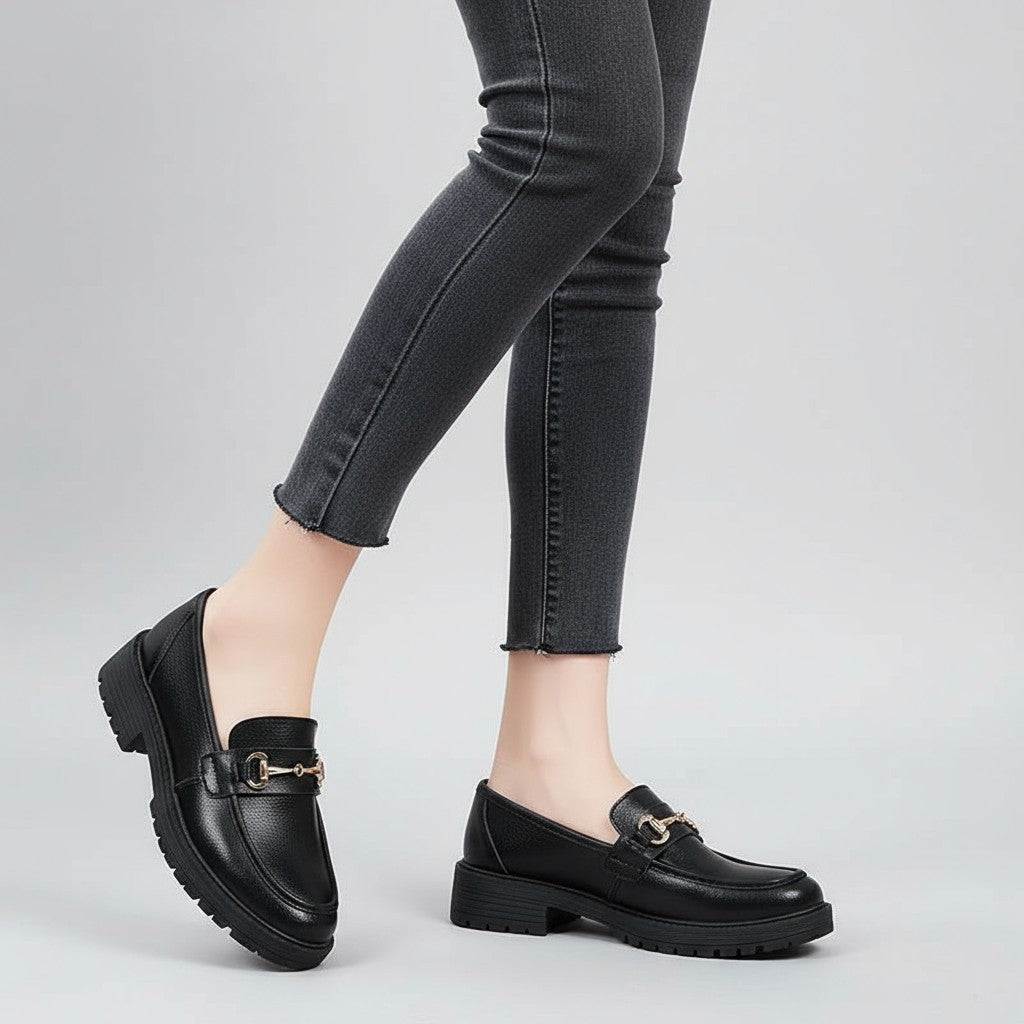 Mocasines Mujer con Bocado Dorado, Suela Gruesa y Empeine Acolchado