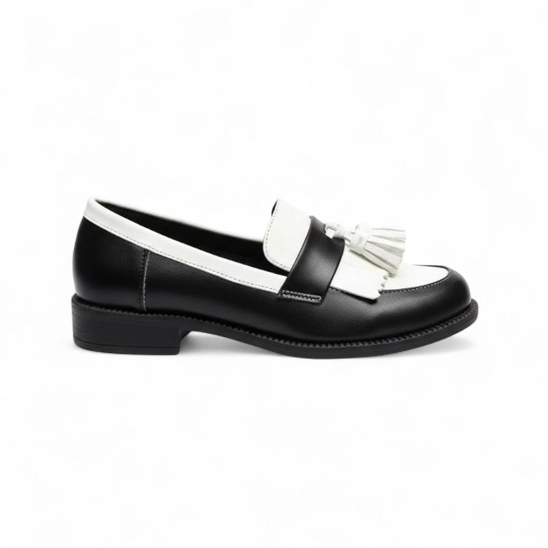 Mocasines con Flecos Mujer Bicolor Blanco y Negro