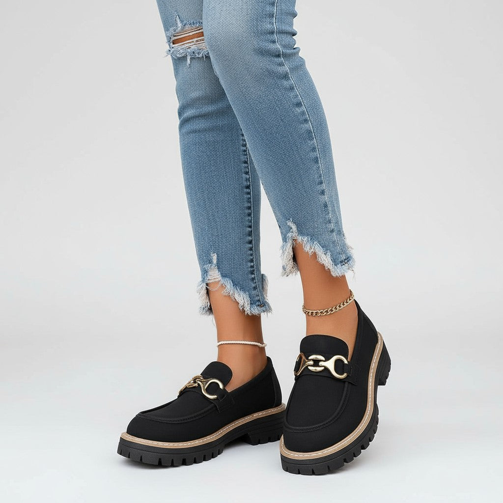 Mocasines con Plataforma Mujer Detalle Dorado en el Empeine