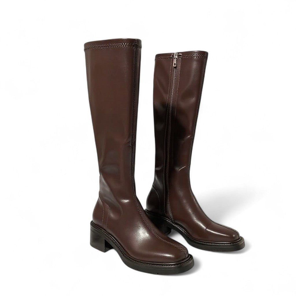 Botas Altas Mujer Lisas de Piel Tacón Grueso