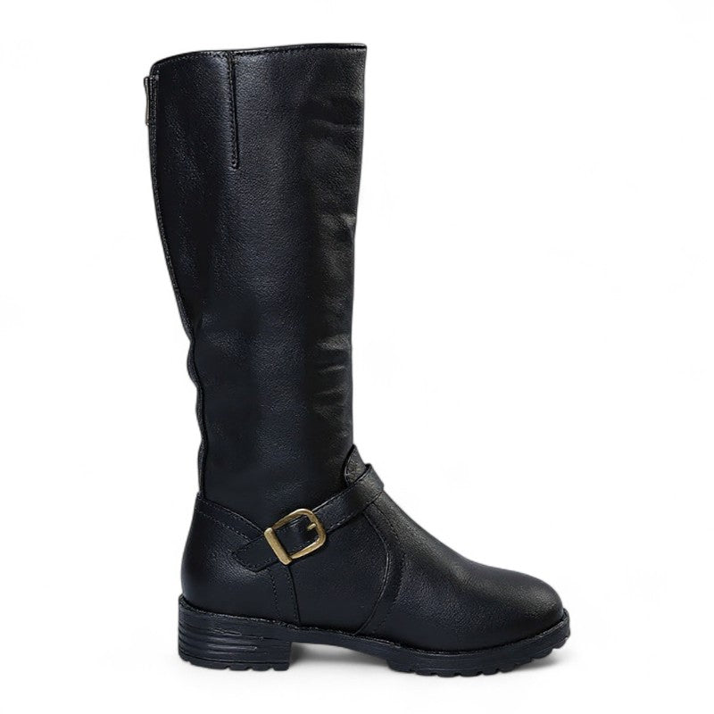 Botas Altas Mujer Negras Tacón de Bloque con Hebilla
