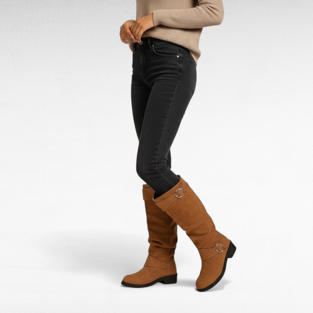 Botas Altas Mujer de Ante Plisado Tacón Bajo con Hebilla