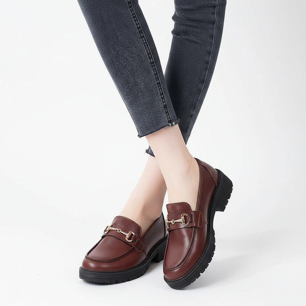 Mocasines Mujer con Bocado Dorado, Suela Gruesa y Empeine Acolchado