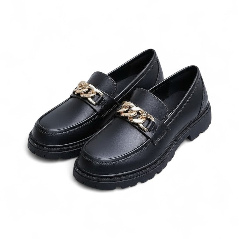 Mocasines con Cadena Mujer Dorada, Suela Gruesa y Diseño Sobrio