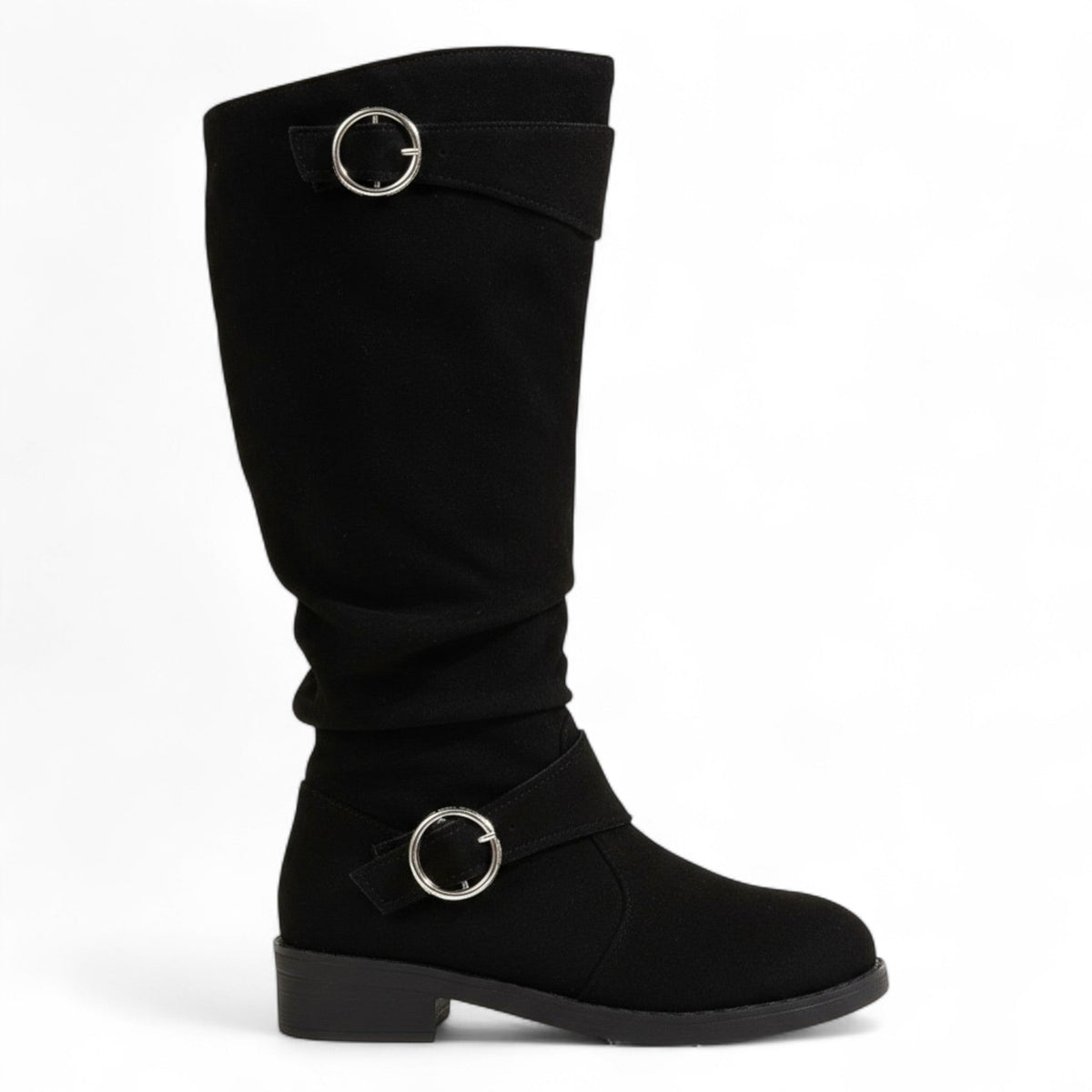 Botas Altas Mujer de Ante Plisado Tacón Bajo con Hebilla
