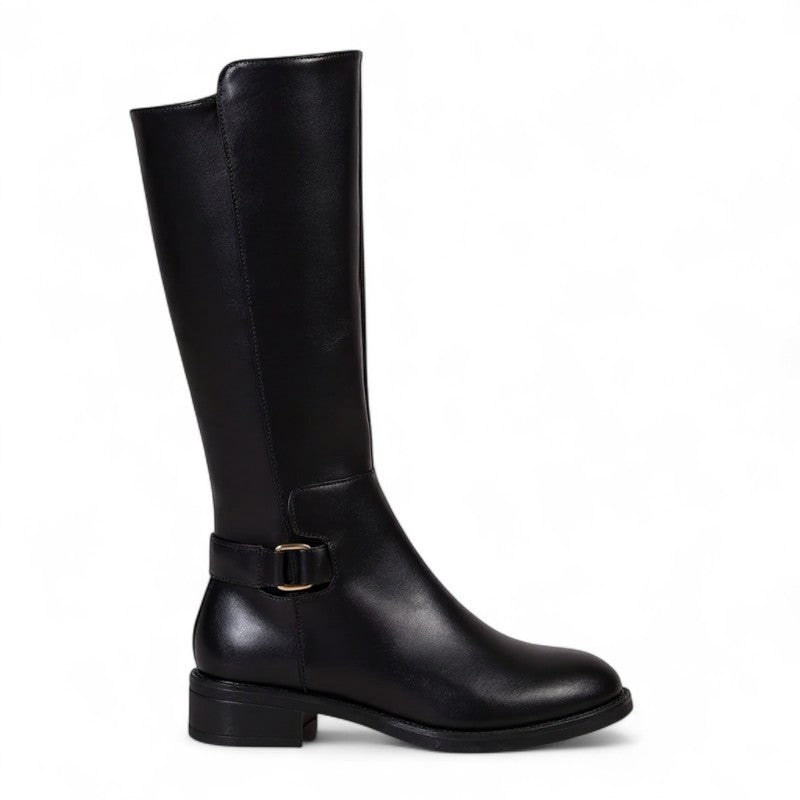 Botas Altas Mujer Negras Tacón Bajo con Hebilla