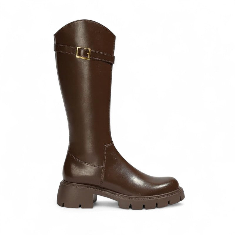 Botas Altas Mujer de Piel Tacón Grueso Hebilla Dorada