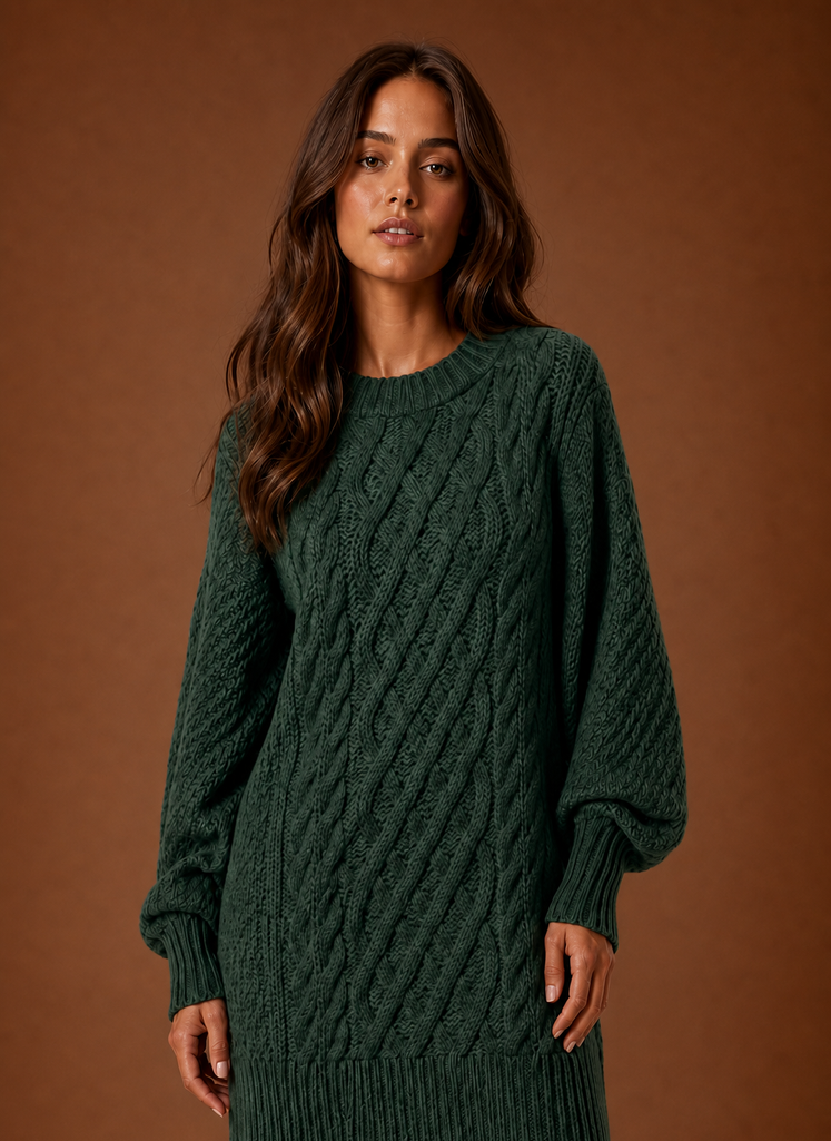 Jersey Vestido Mujer Cuello Redondo Trenzado