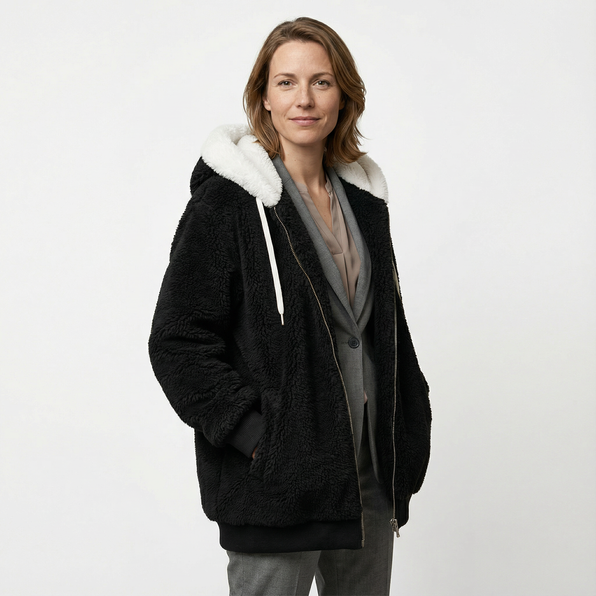 Cazadora Oversize con Capucha Afelpada y Cremallera