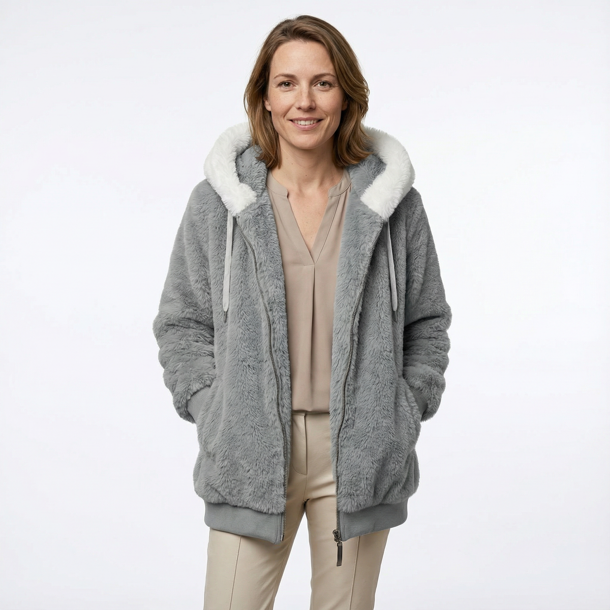 Cazadora Oversize con Capucha Afelpada y Cremallera