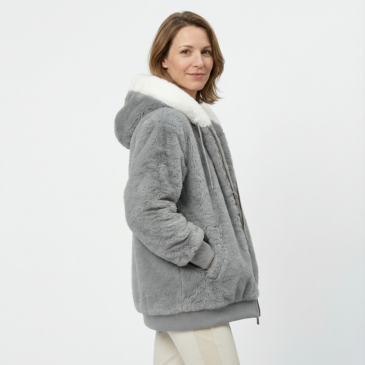 Cazadora Oversize con Capucha Afelpada y Cremallera