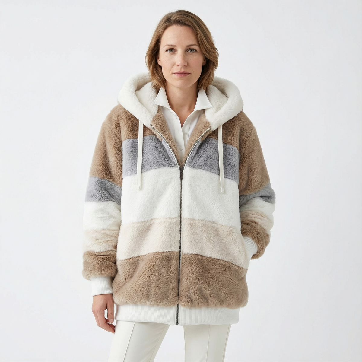 Cazadora Bicolor Oversize con Capucha Afelpada
