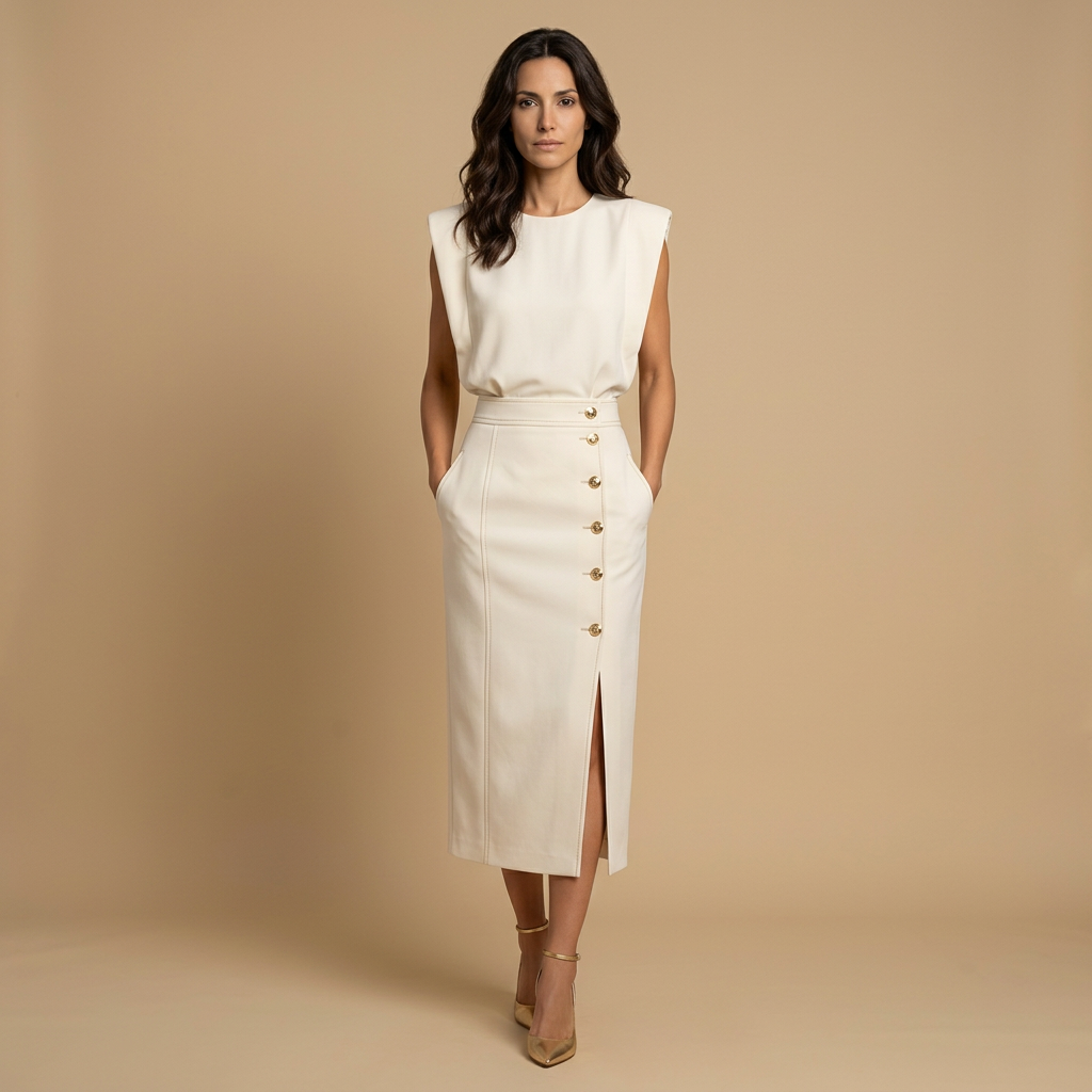 Vestido Midi Botonadura Dorada Hombros