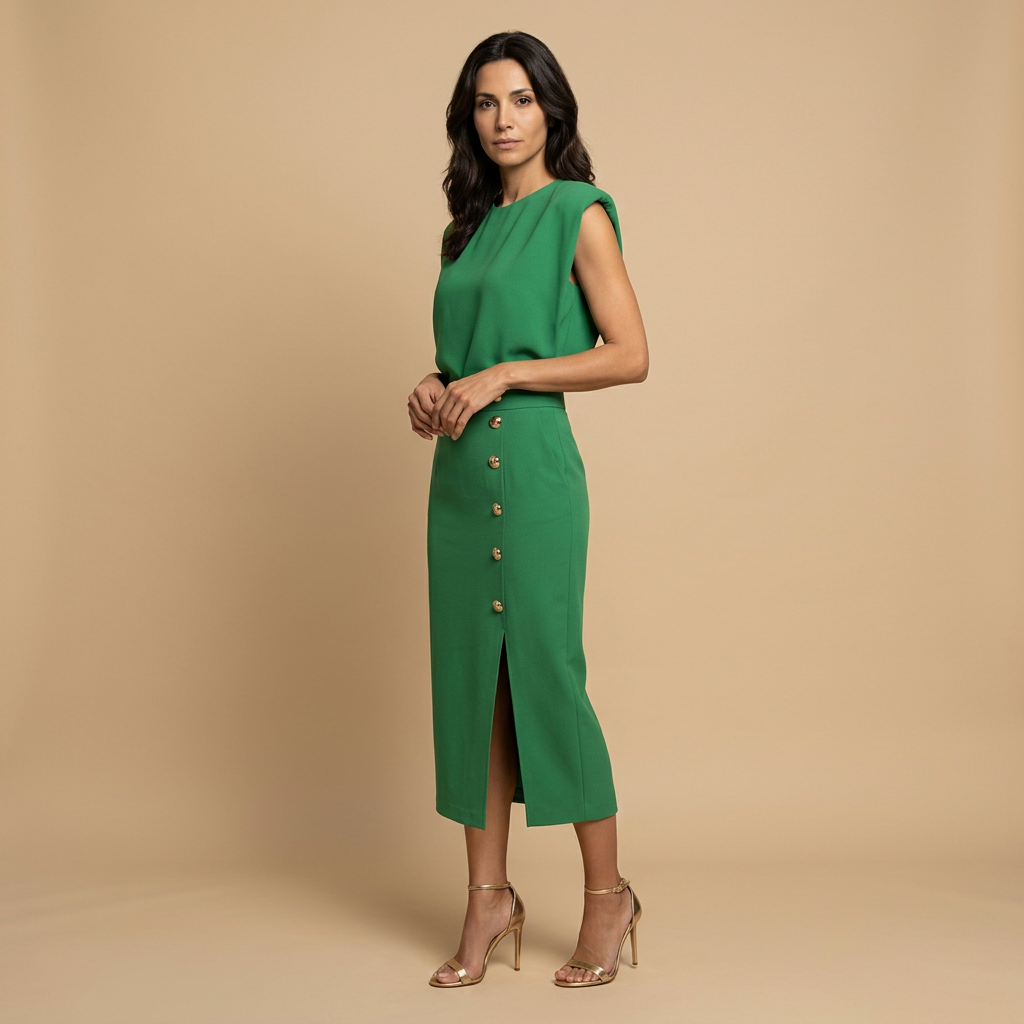 Vestido Midi Botonadura Dorada Hombros