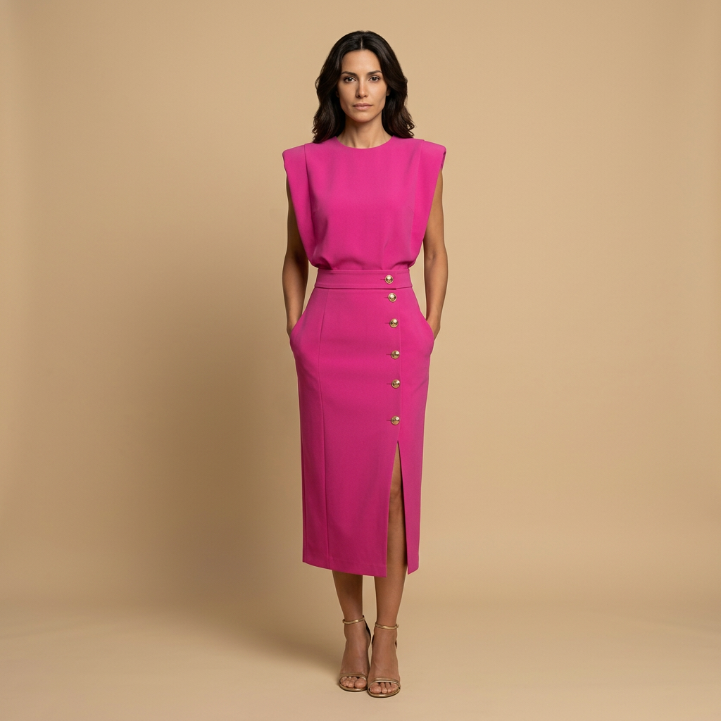 Vestido Midi Botonadura Dorada Hombros