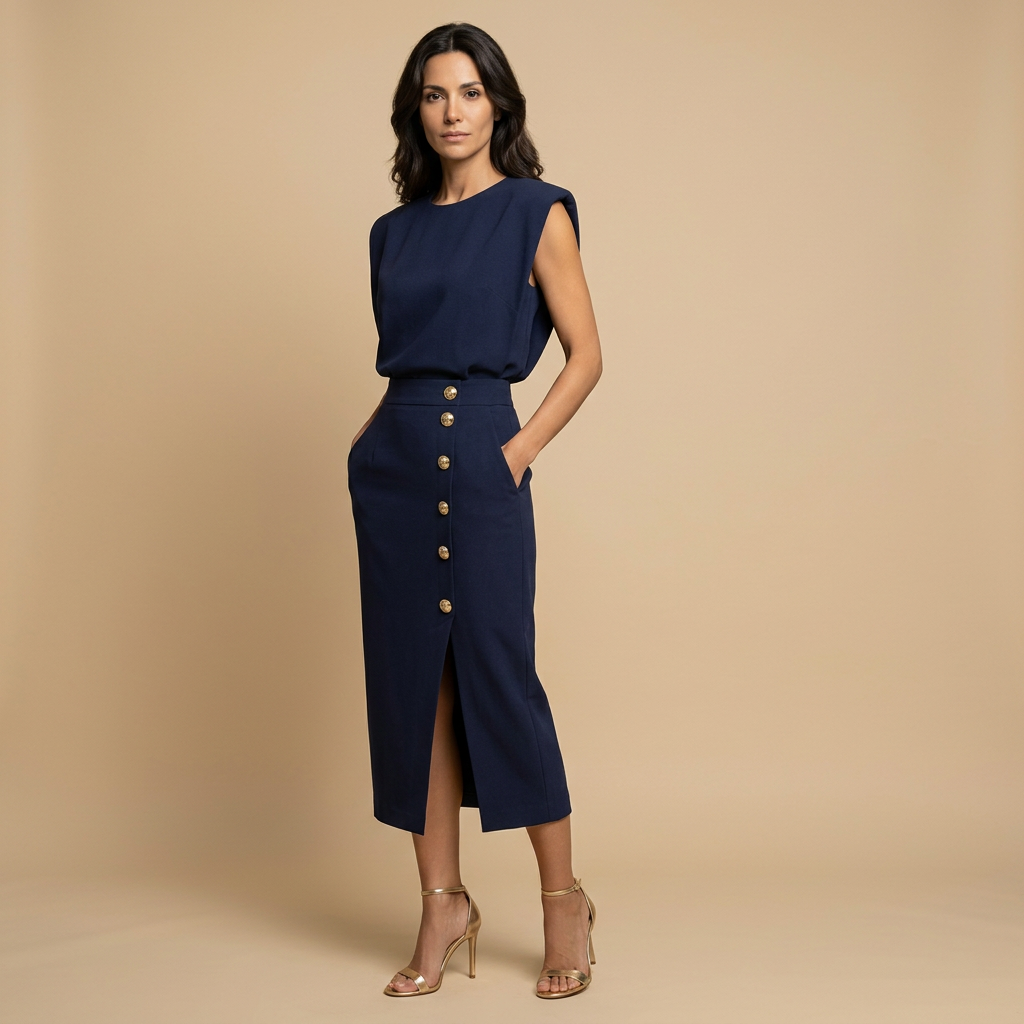 Vestido Midi Botonadura Dorada Hombros