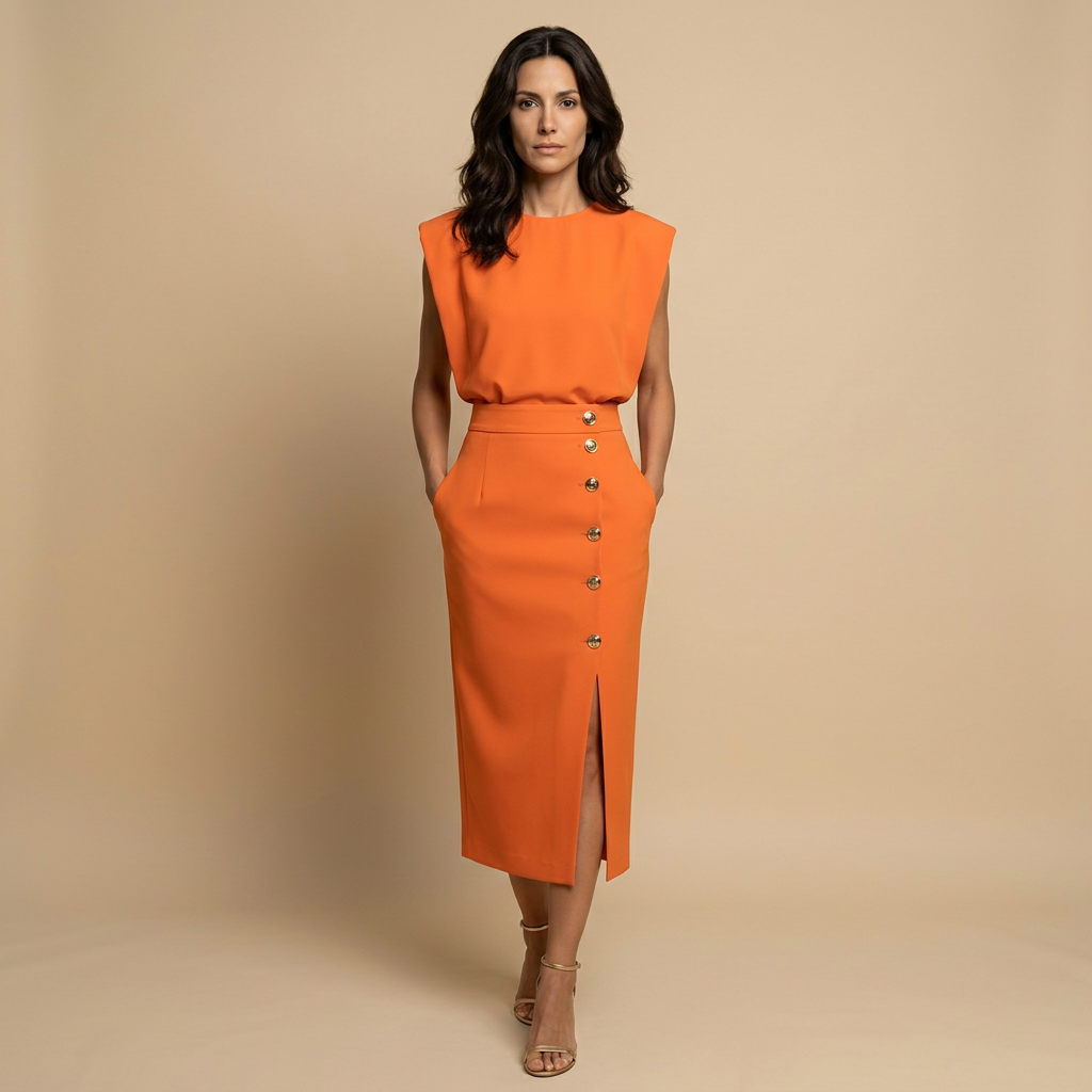 Vestido Midi Botonadura Dorada Hombros