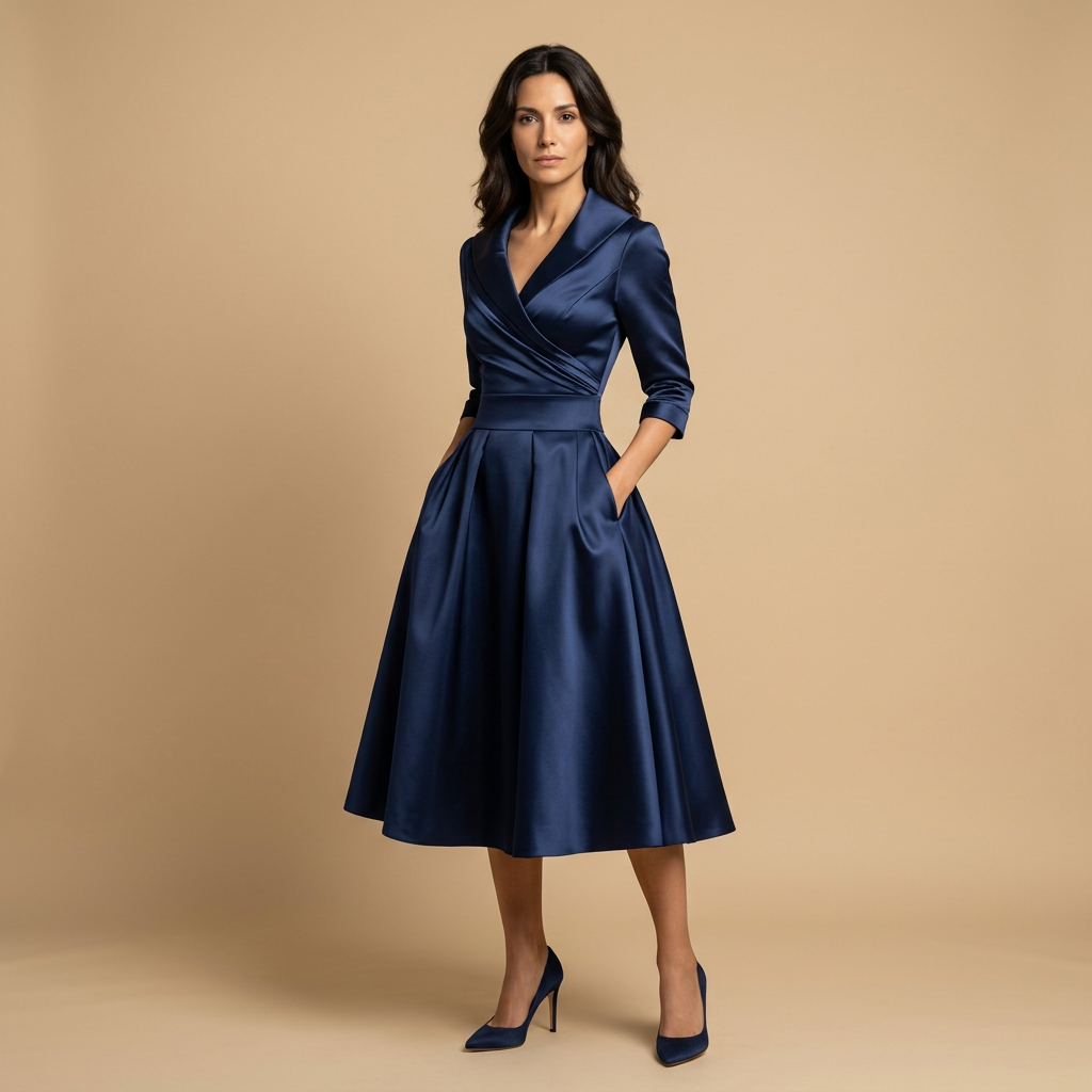 Vestido Midi Satén Cruzado Evasé Bolsillos