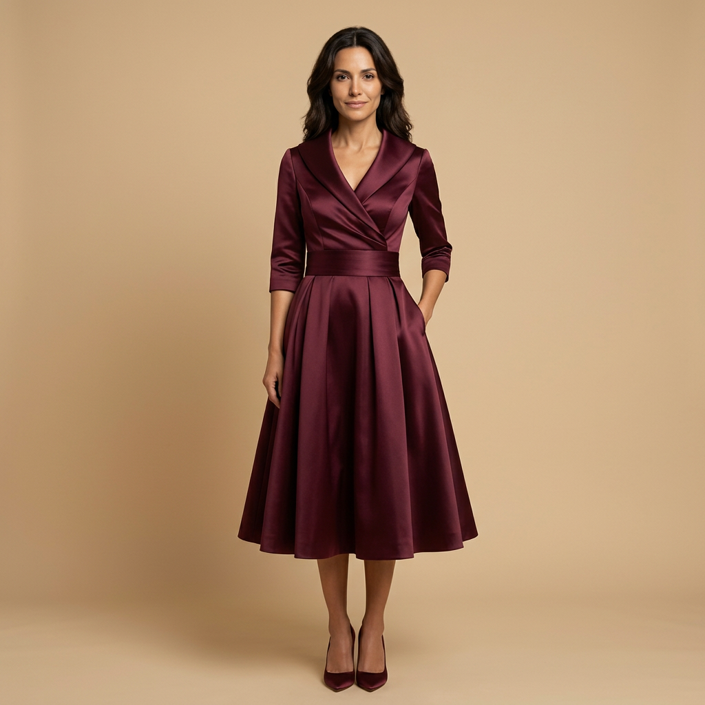 Vestido Midi Satén Cruzado Evasé Bolsillos