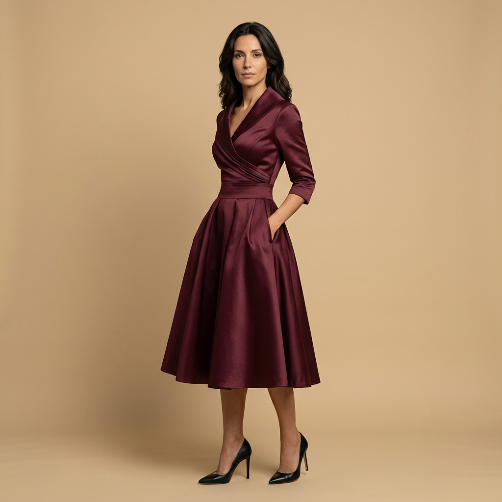 Vestido Midi Satén Cruzado Evasé Bolsillos