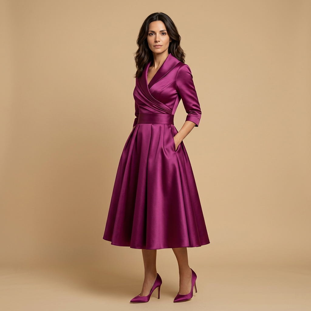 Vestido Midi Satén Cruzado Evasé Bolsillos