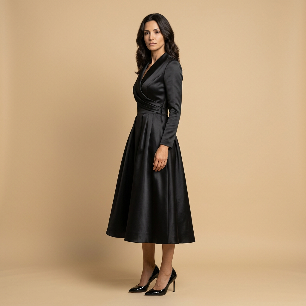 Vestido Midi Satén Cruzado Evasé Bolsillos