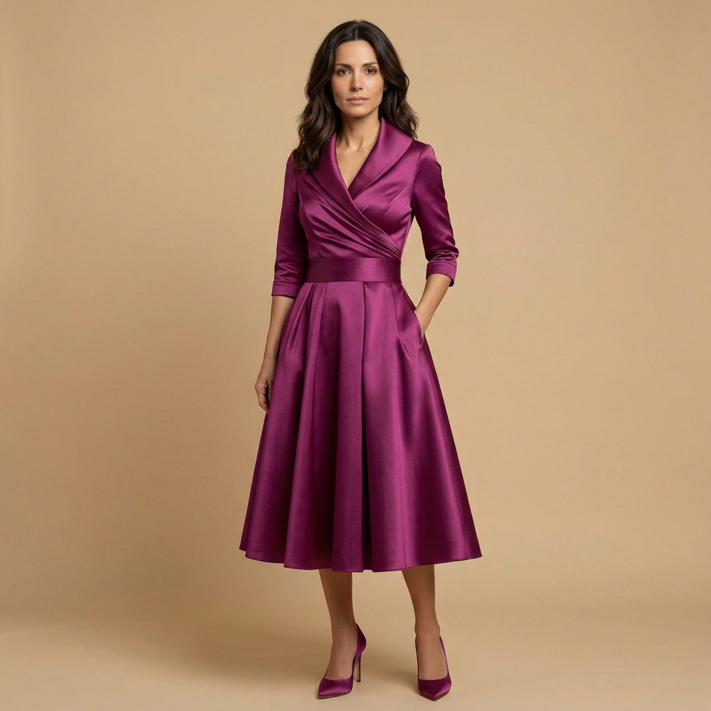 Vestido Midi Satén Cruzado Evasé Bolsillos