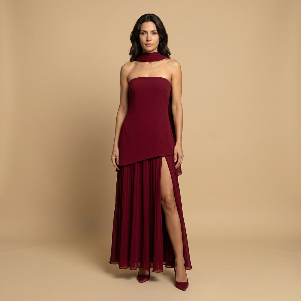 Vestido Fiesta Bandeau Asimétrico Abertura Alta