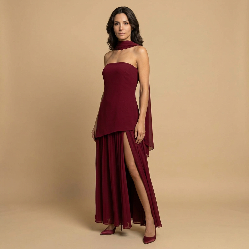 Vestido Fiesta Bandeau Asimétrico Abertura Alta
