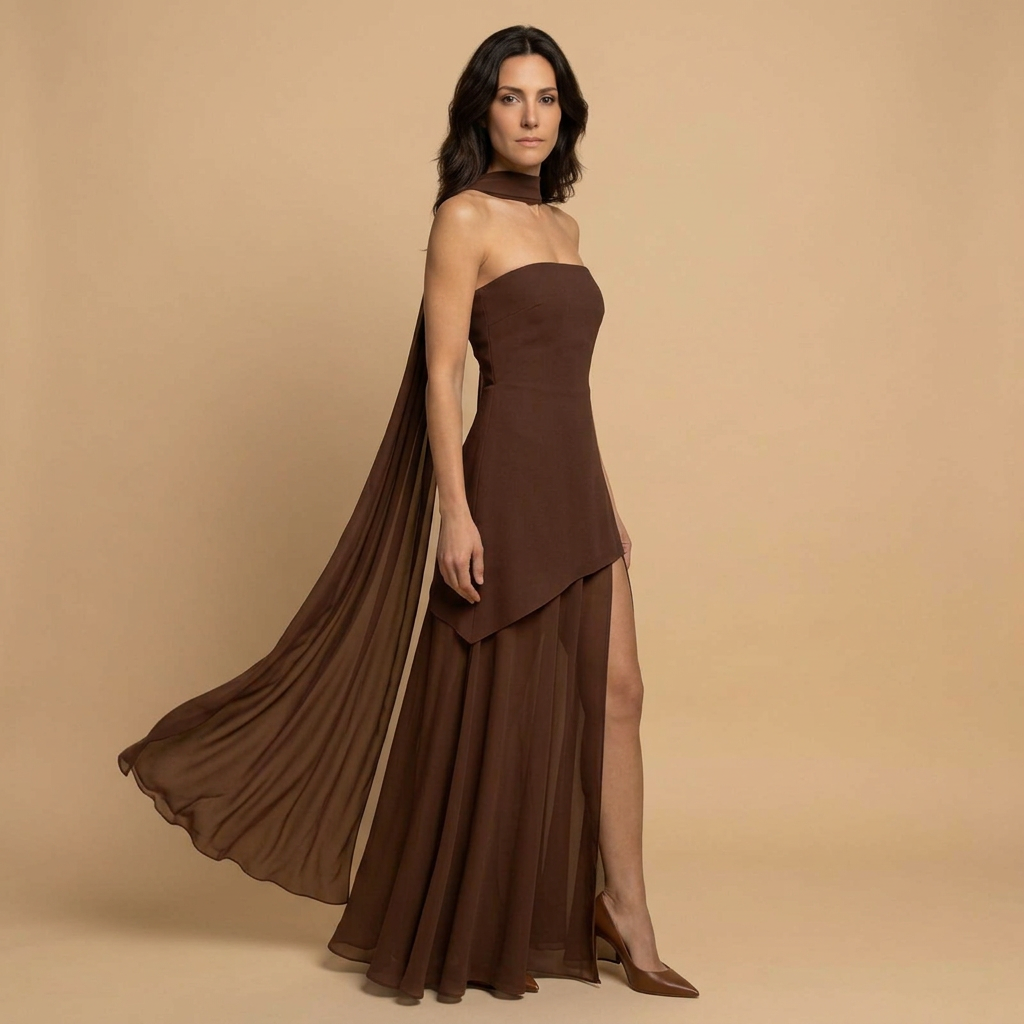 Vestido Fiesta Bandeau Asimétrico Abertura Alta