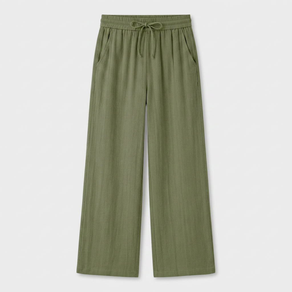 Pantalón Ancho Mujer Lino Bolsillos