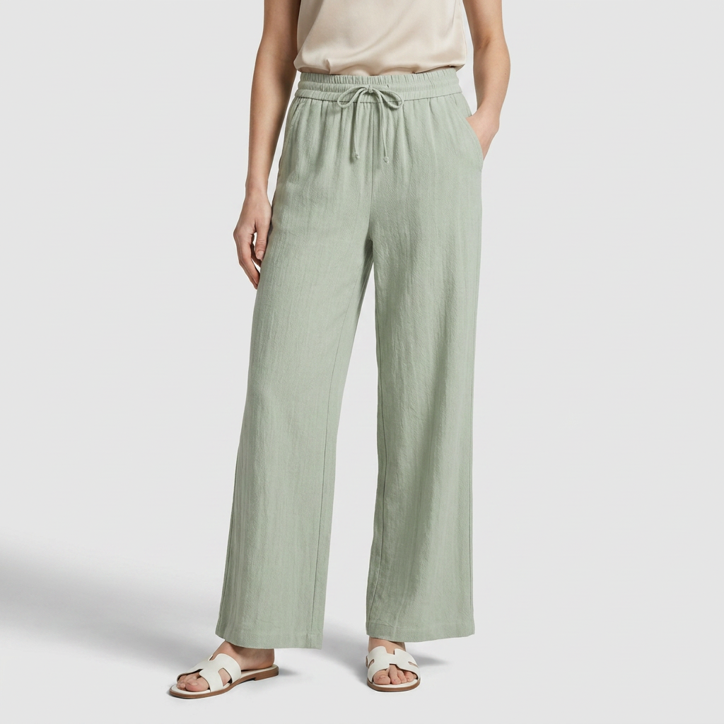 Pantalón Ancho Mujer Lino Bolsillos