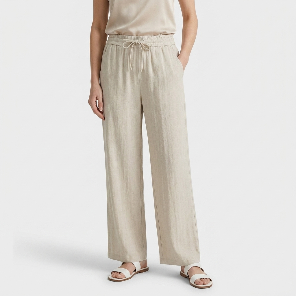 Pantalón Ancho Mujer Lino Bolsillos