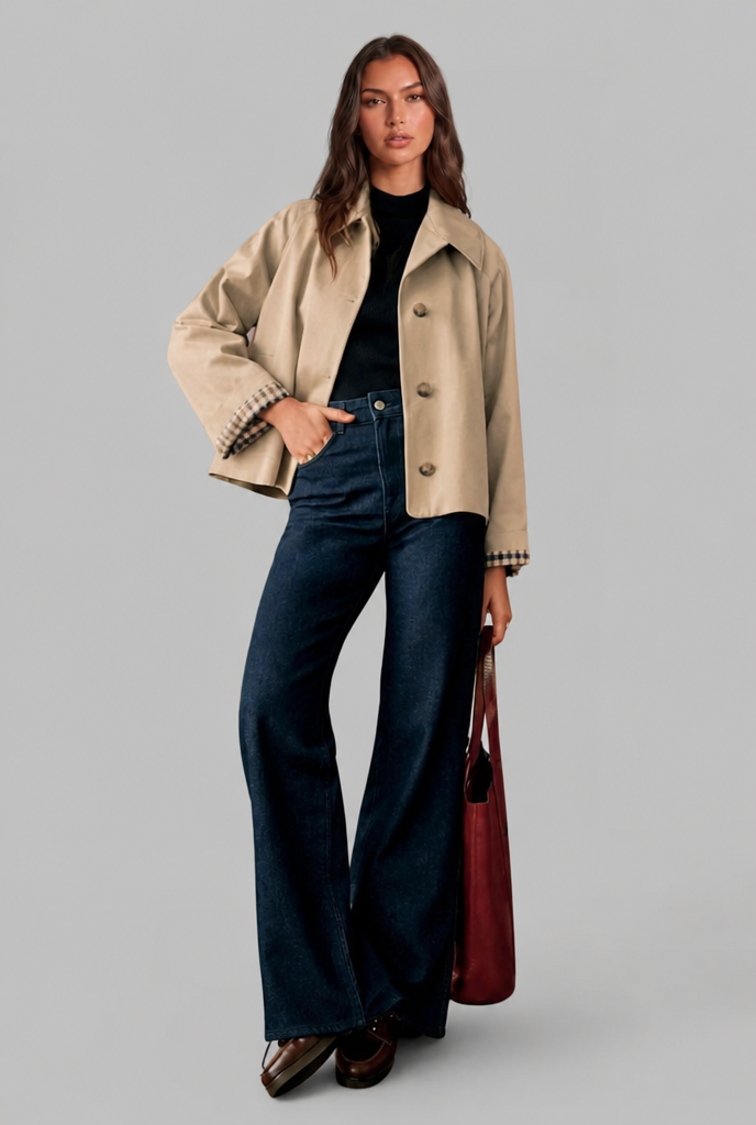 Trench Mujer Corto Boxy con Forro de Cuadros y Botones Grandes - Vista 2