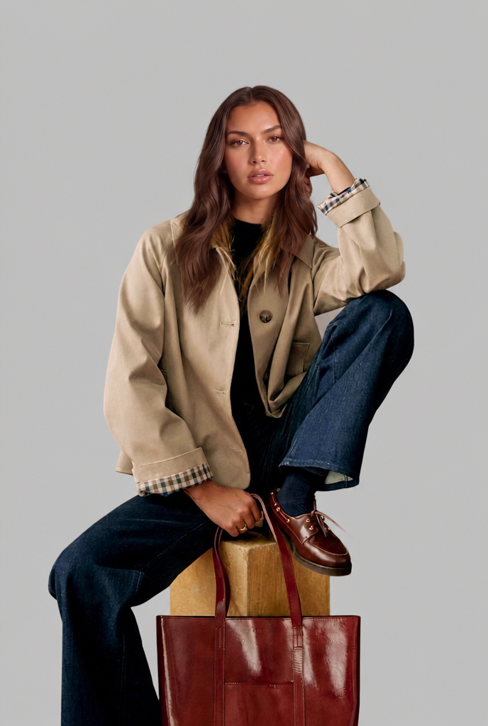 Trench Mujer Corto Boxy con Forro de Cuadros y Botones Grandes - Vista 4