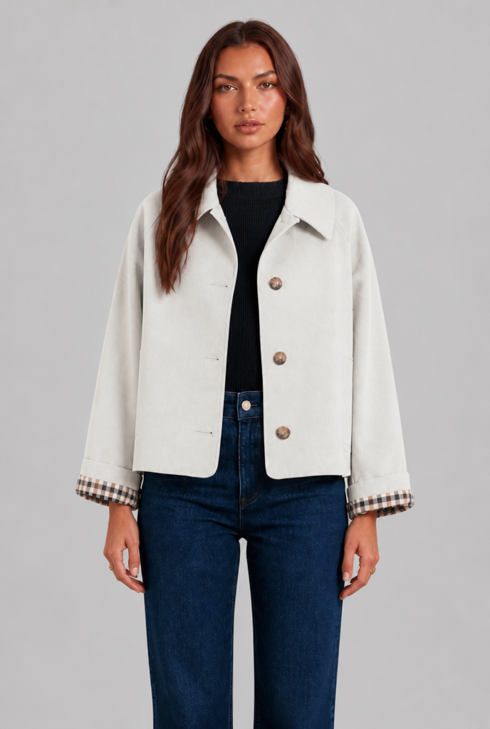 Trench Mujer Corto Boxy con Forro de Cuadros y Botones Grandes - Vista 16