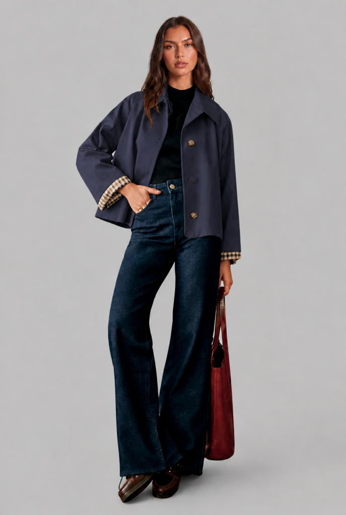 Trench Mujer Corto Boxy con Forro de Cuadros y Botones Grandes - Vista 7