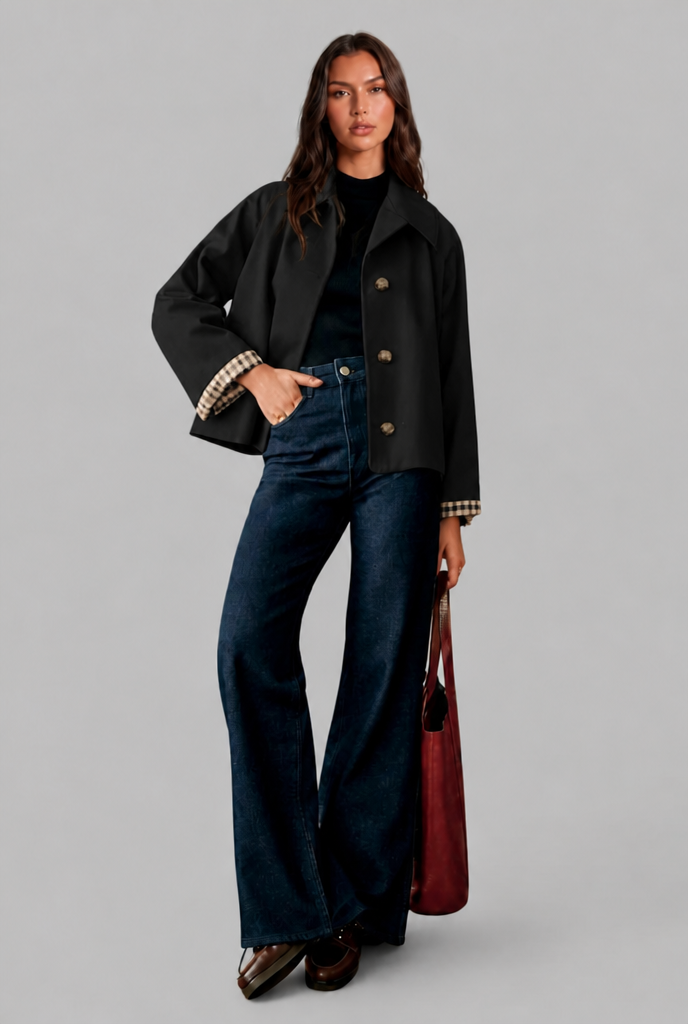 Trench Mujer Corto Boxy con Forro de Cuadros y Botones Grandes - Vista 12
