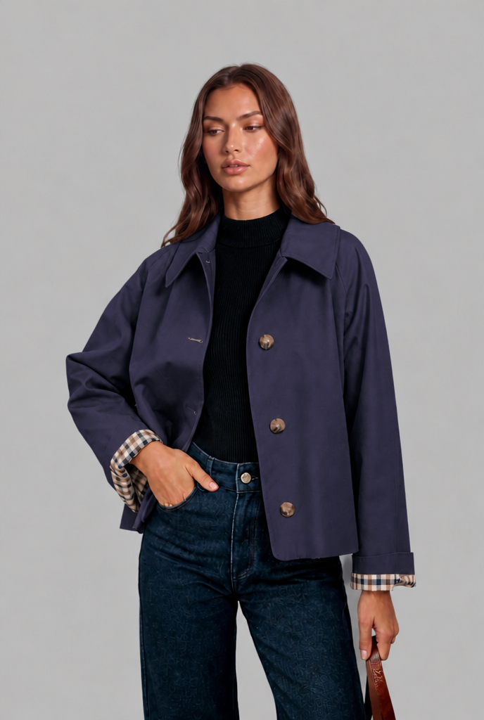 Trench Mujer Corto Boxy con Forro de Cuadros y Botones Grandes - Vista 8