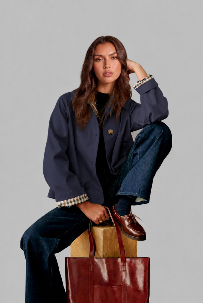 Trench Mujer Corto Boxy con Forro de Cuadros y Botones Grandes - Vista 9