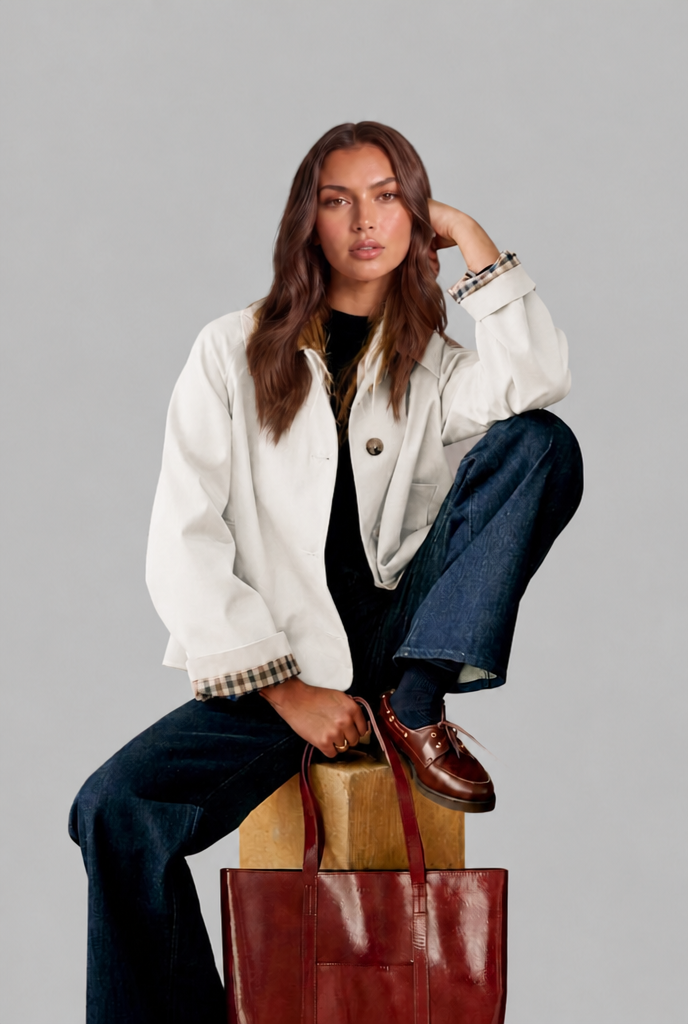 Trench Mujer Corto Boxy con Forro de Cuadros y Botones Grandes - Vista 19