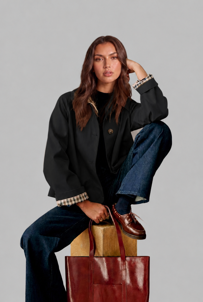 Trench Mujer Corto Boxy con Forro de Cuadros y Botones Grandes - Vista 14