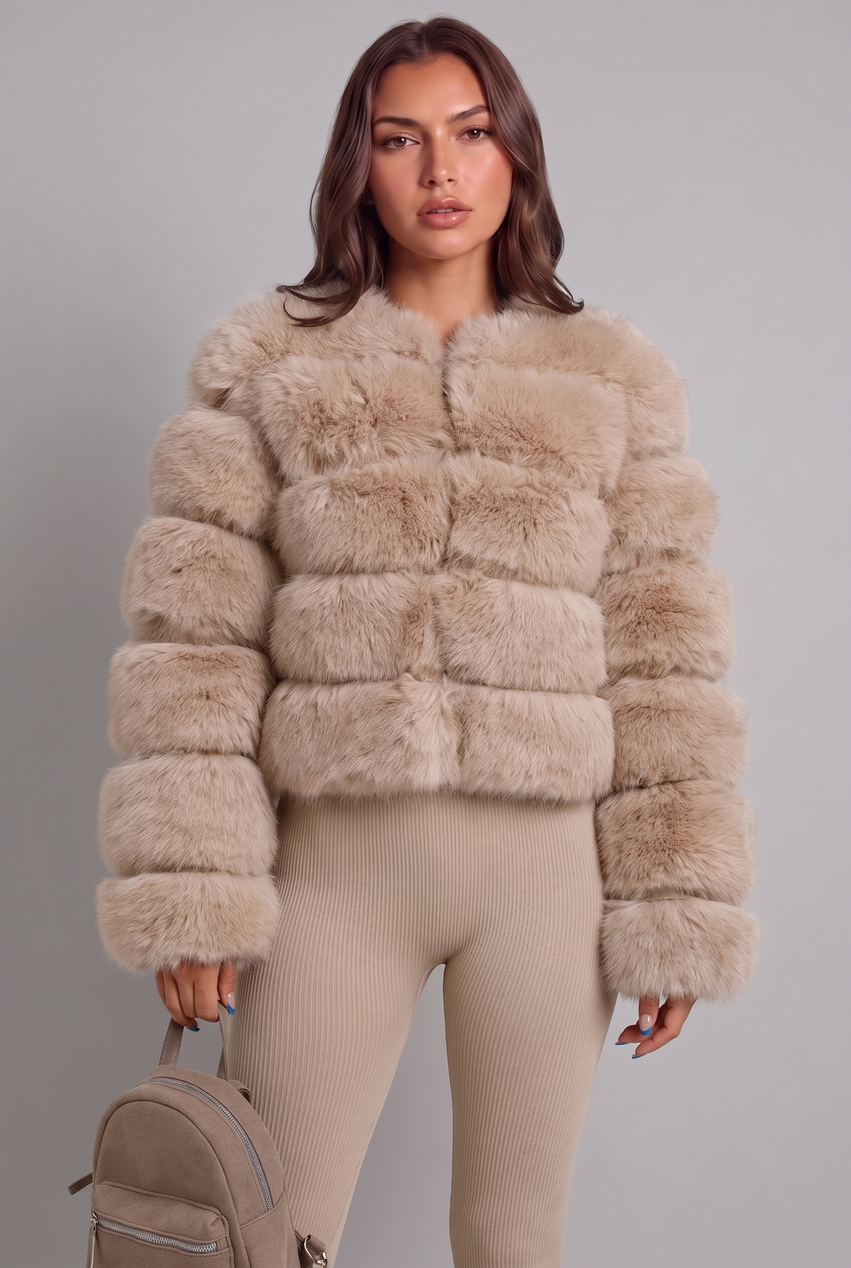 Abrigo de Pelo Sintético Mujer Boxy sin Cuello - Beige