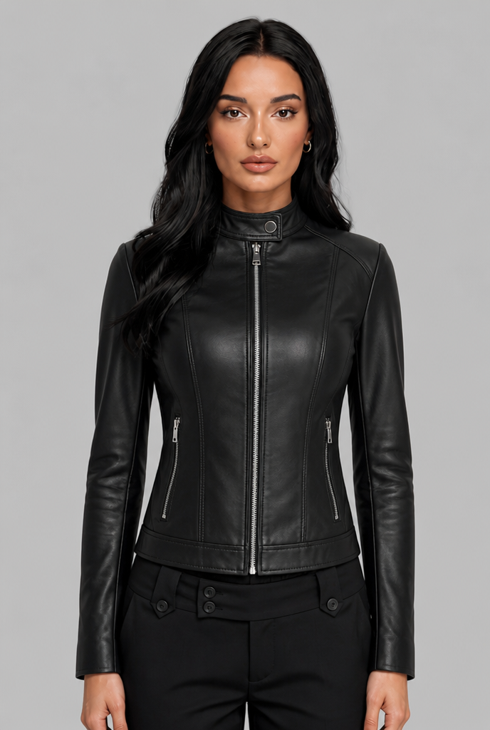 Cazadora Biker Mujer de Cuero Auténtico Corta con Cremallera Asimétrica - Vista 3